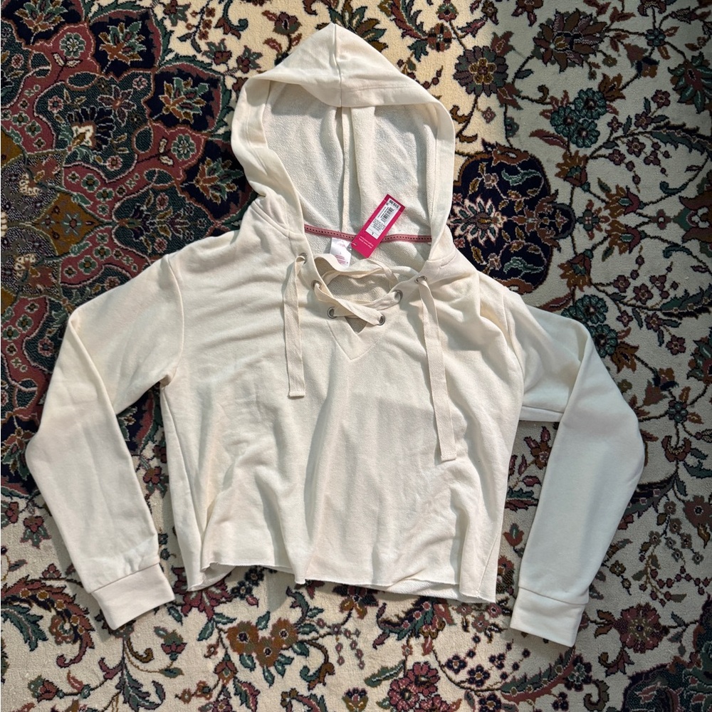 Xhilaration Cream Cropped Lace Up Hoodie